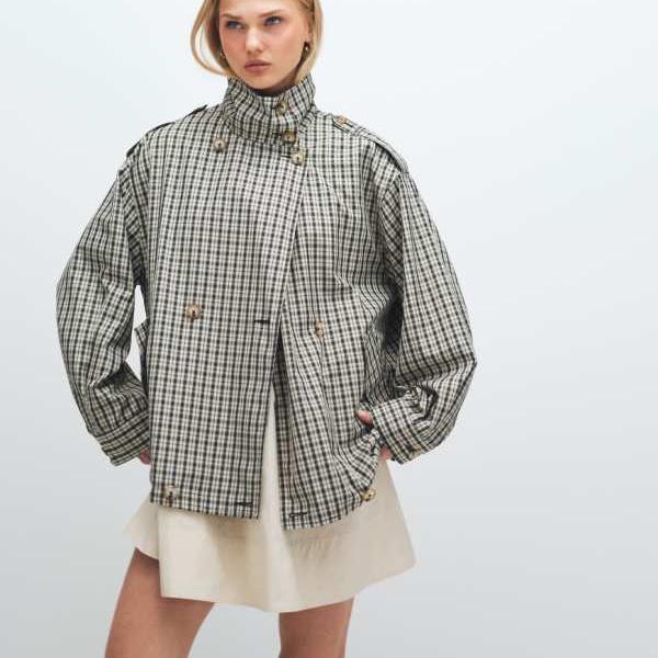 エイソス ASOS asos ASOS DESIGN ストーンチェック柄のファンネルネックボタンフロントトレンチジャケット アウター レディース 女性 インポートブランド 小さいサイズから大きいサイズまで