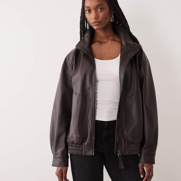 エイソス ASOS asos ASOS DESIGN トール大きさ 厚地の外套大きさ なめし革調 ファンネルボンバージャケット (黒茶) アウター レディース 成人女性 インポートブランド 弱められた大きさから馬鹿でかい大きさまで