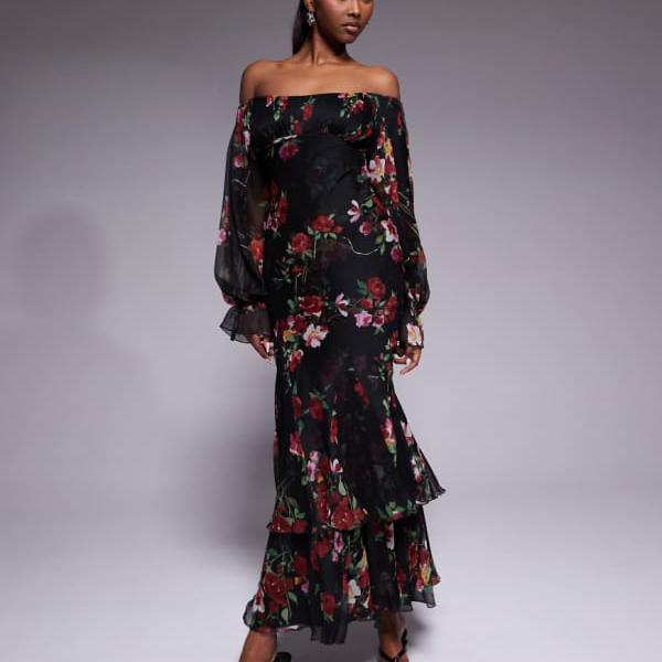 エイソス ASOS asos ASOS DESIGNのフラウンス付き添い人バルドーマキシドレス。ティアードゴデットとトップ袖、花柄刷り上げる。 衣装 レディース お上さん インポートブランド たわい無い大きさから気が大きい大きさまで