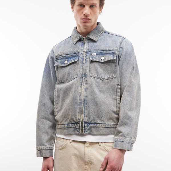 オベイ Obey Obeyベースデニムトラッカージャケット、ミッドウォッシュブルー かぶり笠 メンズ 成人男性 インポートブランド