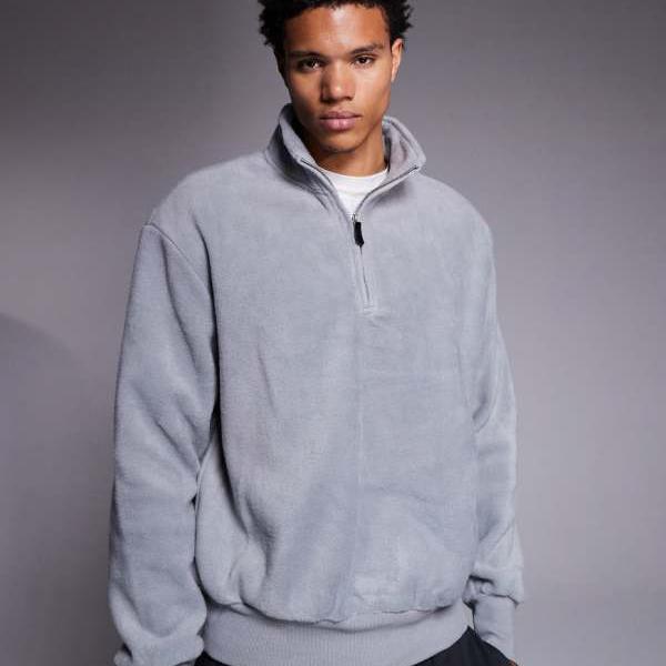 エイソス ASOS asos ASOS DESIGN リラックス ファネルネック クォータージップ フリース スウェットシャツ (グレー) トップス メンズ 男性 インポートブランド 小さいサイズから大きいサイズまで