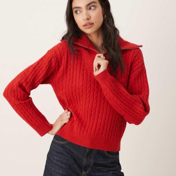 マンゴ MANGO Mango マンゴーケーブルニットクォータージップジャンパー（レッド） トップス レディース 女性 インポートブランド 小さいサイズから大きいサイズまで