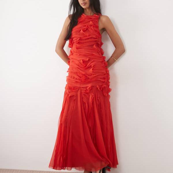 エイソス ASOS asos ASOS DESIGNのノースリーブマキシドレス、蔓飾りつけの科目、赤いこと 衣装 レディース お上さん インポートブランド たわい無い大きさから気が大きい大きさまで