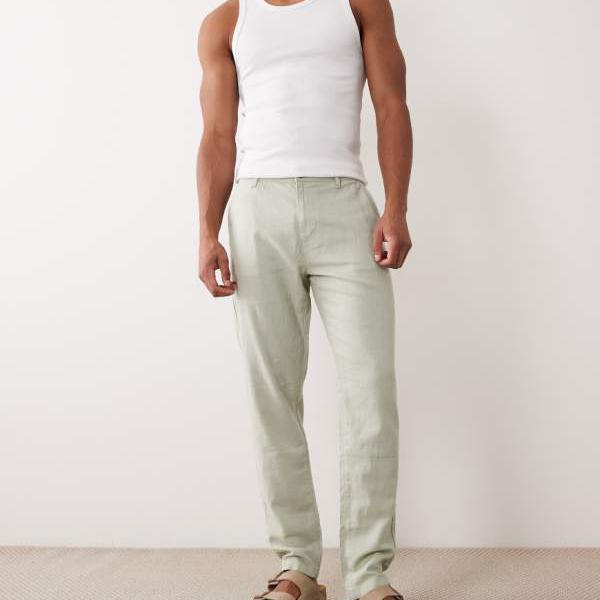 エイソス ASOS asos ASOS DESIGN テーパードシルエットのリネン混ズボン下（カーキ） ズボン下 下つ方 メンズ 成人男性 インポートブランド ごく小さい大きさから大層らしい大きさまで