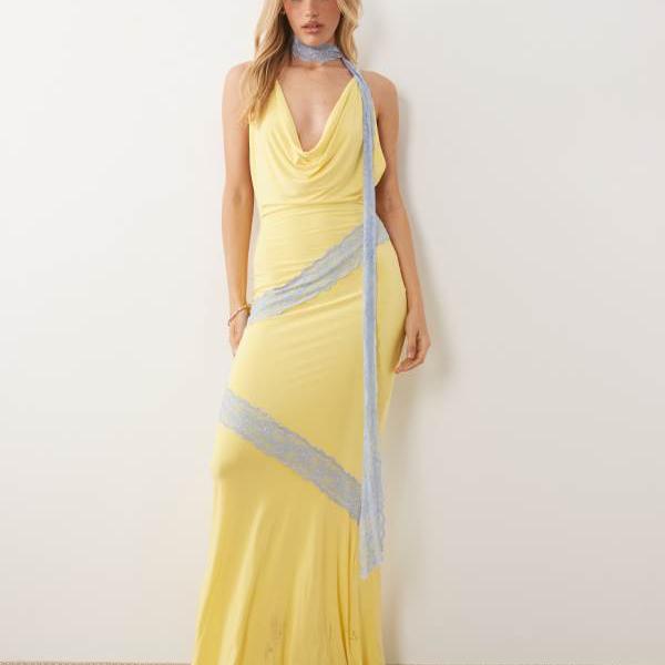 エイソス ASOS asos ASOS DESIGN レースカットのスリンキーマキシドレス、スカーフディテール付き、レモンカラー ワンピース レディース 女性 インポートブランド 小さいサイズから大きいサイズまで