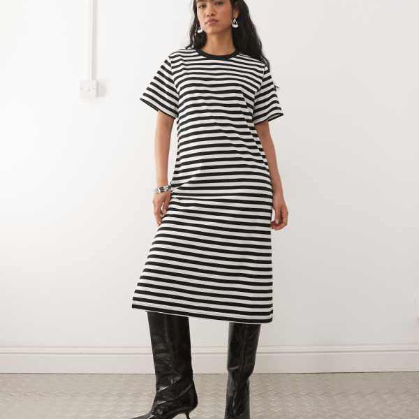 ノイズィーメイ Noisy May ノイジーメイのブラックストライプのミディTシャツドレス トップス レディース 女性 インポートブランド 小さいサイズから大きいサイズまで