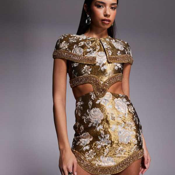 エイソス ASOS asos ASOS DESIGN ケープディテール ジャカード ミニドレス（ゴールド） ワンピース レディース 女性 インポートブランド 小さいサイズから大きいサイズまで