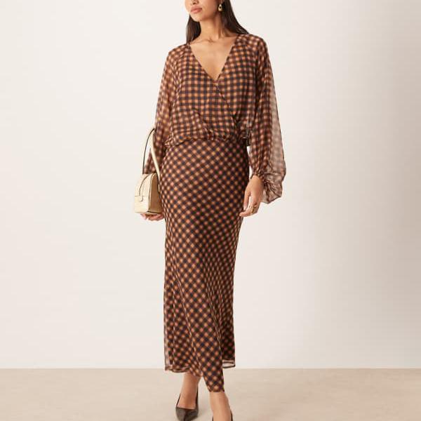 エイソス ASOS asos ASOS DESIGN ラップマキシドレス（ブラウンのぼかしチェック） ワンピース レディース 女性 インポートブランド 小さいサイズから大きいサイズまで