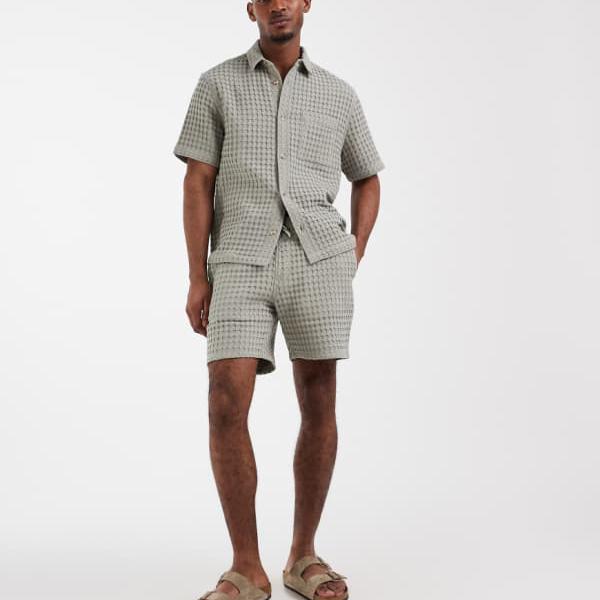 エイソス ASOS asos ASOS DESIGN プレミアム セットアップ テクスチャード ショートパンツ ミドル丈 グリーン パンツ ボトム メンズ 男性 インポートブランド 小さいサイズから大きいサイズまで
