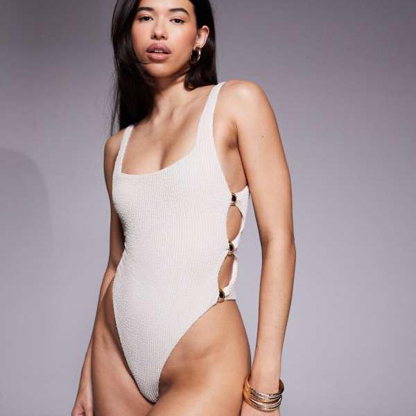 エイソス ASOS asos ASOS DESIGN 冬用クリンクルカットアウト水着(金具付き、メタリッククリーム) 水着 レディース 女性 インポートブランド 小さいサイズから大きいサイズまで