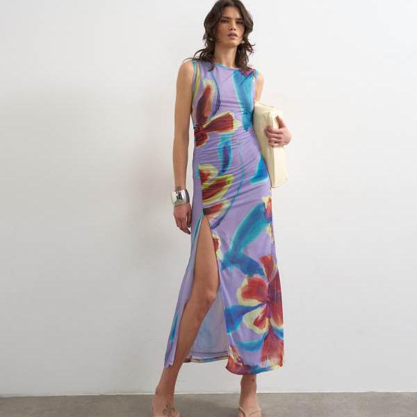 トップショップ Topshop TOPSHOP トップショップのメッシュ花柄ギャザーマキシドレス（パープル） ワンピース レディース 女性 インポートブランド 小さいサイズから大きいサイズまで