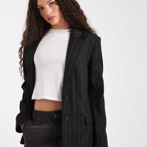 エイソス ASOS asos ASOS DESIGNのピンストライプ柄テーラードグランダッドブレザー アウター レディース 女性 インポートブランド 小さいサイズから大きいサイズまで