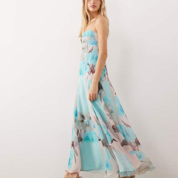 エイソス ASOS asos ASOS DESIGNのシフォンストラップマキシドレス。奥行きのあるゴデット付き添い人。青色の膨らんだ花柄。 衣装 レディース お上さん インポートブランド たわい無い大きさから気が大きい大きさまで