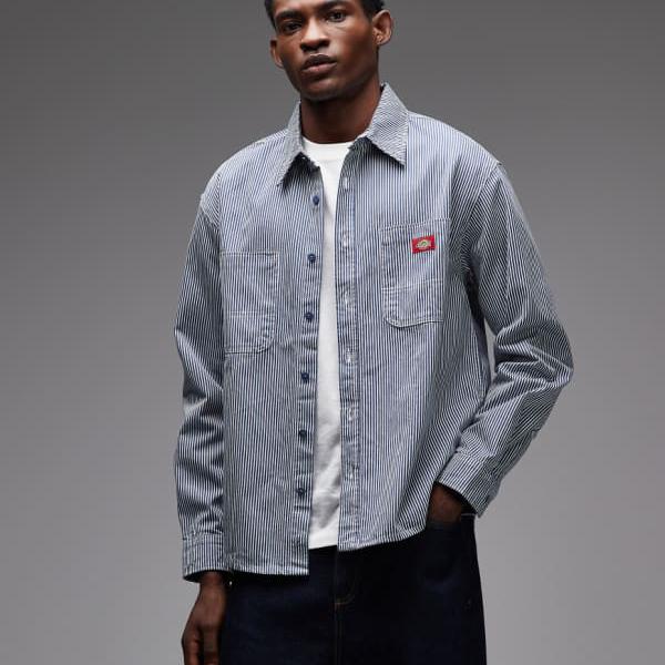 ディッキーズ Dickies ディッキーズのヒッコリーストライプ長袖ワークシャツ（ブルー） トップス メンズ 男性 インポートブランド 小さいサイズから大きいサイズまで