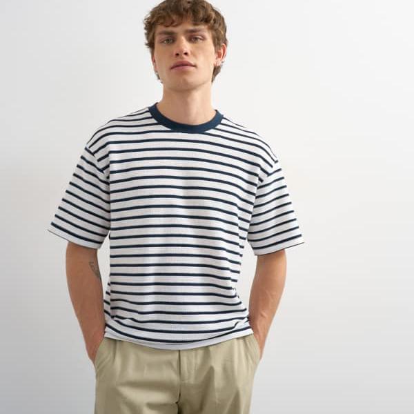 いの一番マン  Topman TOPMAN いの一番マンの伸び伸びする相応う、テクスチャード産業のティーシャツ（米国海軍、ブル米トン縞模様柄） トップス メンズ 成人男性 インポートブランド 小っちゃい大いさから馬鹿でかい大いさまで