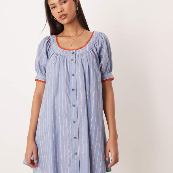 エイソス ASOS asos ASOS DESIGN ベビードールボタンダウンミニドレス（ブルーとレッドのストライプ） ワンピース レディース 女性 インポートブランド 小さいサイズから大きいサイズまで