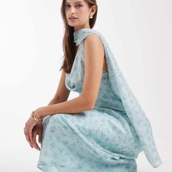 エイソス ASOS asos ASOS DESIGN 繻子えり巻き付き添い人カウルネックマキシドレス（ブルーフローラル柄） 衣装 レディース 成人女性 インポートブランド 弱められた大きさから馬鹿でかい大きさまで