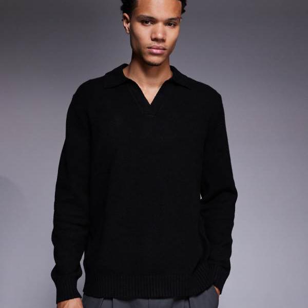 エイソス ASOS asos ASOS DESIGN リラックスニット ふわふわ ノッチネック ポロジャンパー（ブラック） トップス メンズ 男性 インポートブランド 小さいサイズから大きいサイズまで
