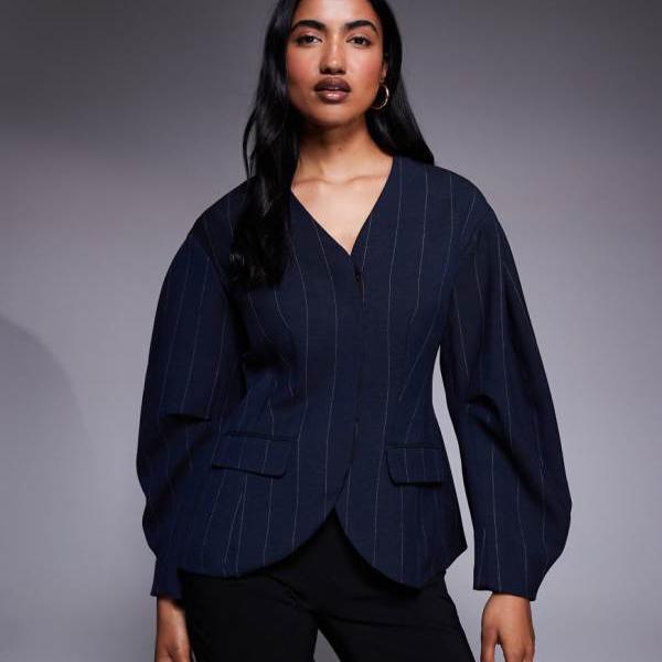 リバーアイランド River Island RIVER ISLAND リバーアイランドのピンストライプ コクーンスリーブ ブレザー（ネイビー） アウター レディース 女性 インポートブランド 小さいサイズから大きいサイズまで