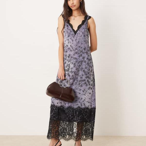エイソス ASOS asos ASOS DESIGN レースディテール Vネック クリンクルサテン マキシドレス（ブラック フローラル） ワンピース レディース 女性 インポートブランド 小さいサイズから大きいサイズまで