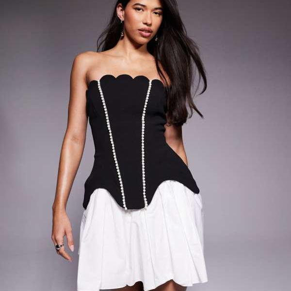 ASOS LUXE スカロップヘムミニドレス、コットンポプリンスカート、パールトリム装飾モノ ワンピース レディース 女性 インポートブランド 小さいサイズから大きいサイズまで