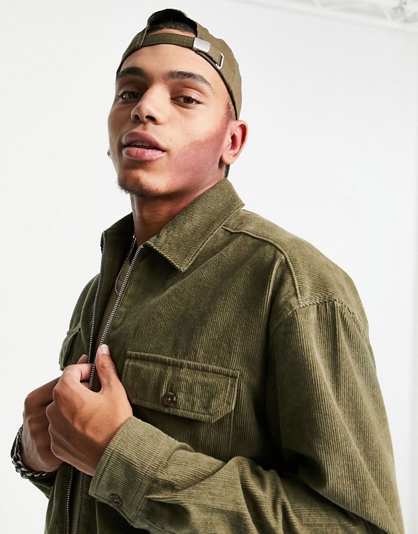 エイソス Asos Asos Asosdesign90年代のカーキ色の特大ジップスルーコードシャツ トップス メンズ 男性 インポートブランド 小さいサイズから大きいサイズまで Liceochiloe Cl