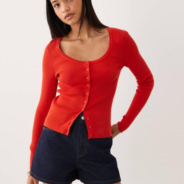エイソス ASOS asos ASOS DESIGN コットンブレンド U字型カーディガン レッド - レッド トップス レディース 女性 インポートブランド 小さいサイズから大きいサイズまで