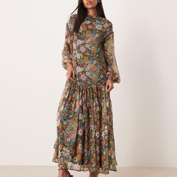 エイソス ASOS asos ASOS DESIGN スラッシュ素っ首 シフォンゴデット マキシ御召しもの ブラックベースフローラル 衣装 レディース 成人女性 インポートブランド 弱められた大きさから馬鹿でかい大きさまで
