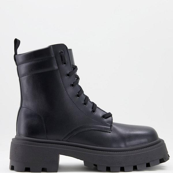 エイソス Asos Asos Asosdesign部厚いスクエアトゥのレースアップブーツ ブラックフェイクレザー はき物 メンズ マスキュリン インポートブランド 卑しい大いさから高等サイズまで Cciampnr Com