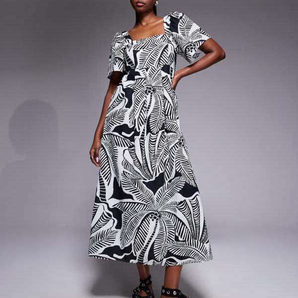 リバーアイランド  River Island RIVER ISLAND リバーアイランドのリネン風花柄midi御召しもの（黒いこと） 衣装 レディース 成人女性 インポートブランド 弱められた大きさから馬鹿でかい大きさまで