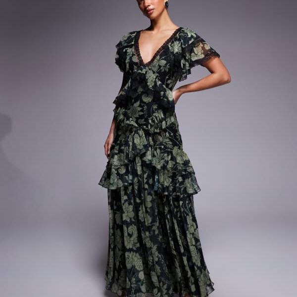 エイソス ASOS asos ASOS DESIGN カーキ色の花柄でトリムディテールとオープンバックが特徴のプチサーキュラーフリルドレス ワンピース レディース 女性 インポートブランド 小さいサイズから大きいサイズまで