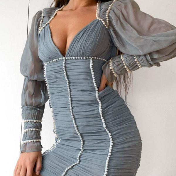 レディースファッション ドレス 残りわずか エイソス Asos 小さいサイズから大きいサイズまで インポートブランド 女性 レディース ワンピース Asosdesignシャーリングミニドレスパールディテールブルー Asos