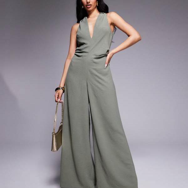 エイソス ASOS asos ASOS DESIGN ルーシュウエストディテール Vネックジャンプスーツ(カーキ) オールインワン レディース 女性 インポートブランド 小さいサイズから大きいサイズまで