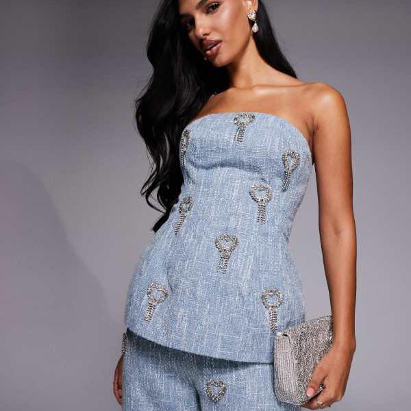 ASOS LUXE ハート装飾ブークレコルセットバンドゥトップセットアップ（ライトブルー） トップス レディース 女性 インポートブランド 小さいサイズから大きいサイズまで