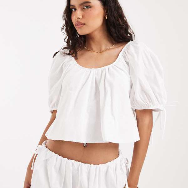 エイソス ASOS asos ASOS DESIGN パフ衣袂 砂上の楼閣とっ始め セットアップ 白いことポプリン トップス レディース 亭主もち インポートブランド ごく小さい大きさから大層らしい大きさまで