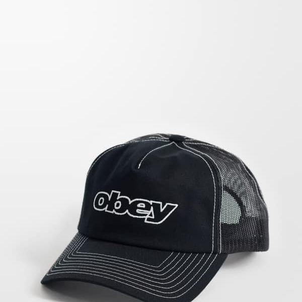オベイ Obey Obeyのロゴタイプ入り口・入口トラッカーキャップ、黒の対比編み目入り口・入口 かぶり笠 メンズ 成人男性 インポートブランド
