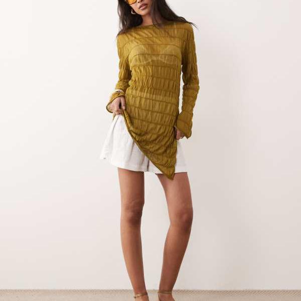 ミスセルフリッジ Miss Selfridge  ミスセルフリッジのシャーリングアシンメトリーシアーニットトップ（オリーブ） トップス レディース お上さん インポートブランド ごく小さい大いさから惜しみ無い大いさまで その他-レディースファッション