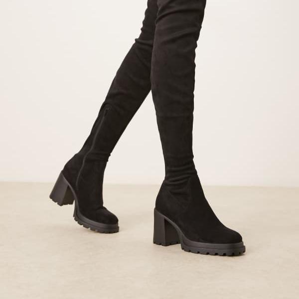エイソス ASOS asos ASOS DESIGN Kai チャンキーヒール オーバーニーブーツ（ブラックスエード） 靴 レディース 女性 インポートブランド 小さいサイズから大きいサイズまで