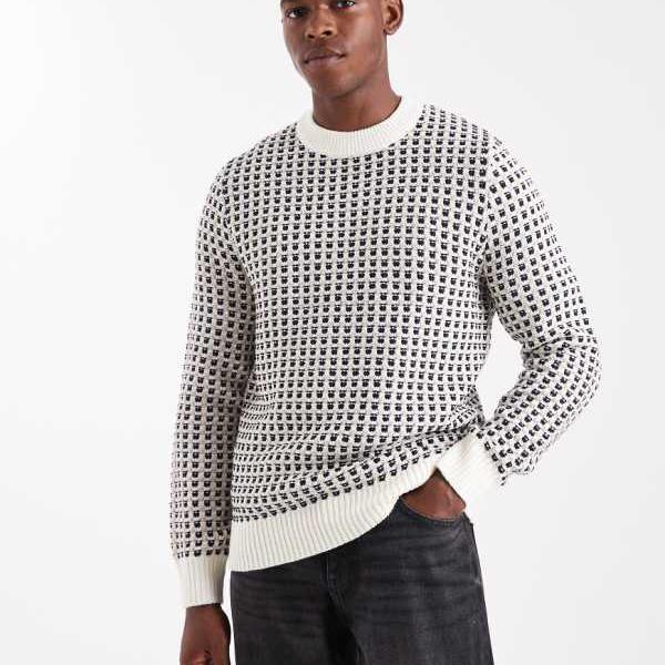 オンリー＆サンズ Only & Sons ONLY & SONSのクルーネックジャンパー。黒とクリーム色のチェック柄でコントラストが効いたテクスチャーデザイン。 トップス メンズ 男性 インポートブランド 小さいサイズから大きいサイズまで｜セレクトショップ　Diva　Closet