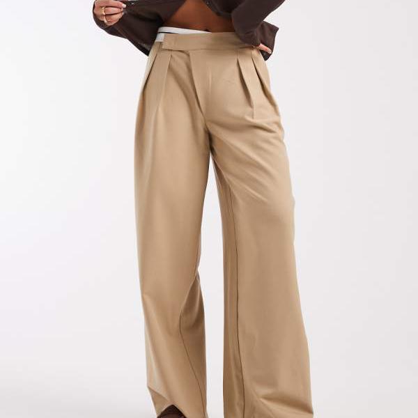 エイソス ASOS asos ASOS DESIGN DECON テーラードワイドレッグ デコンストラクト コントラストウエストバンド トラウザーズ（クミン） パンツ ボトム レディース 女性 インポートブランド 小さいサイズから大きいサイズまで