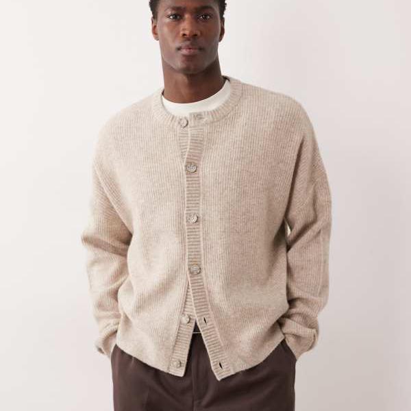 エイソス ASOS asos ASOS DESIGN 大層らしい大きさ 編み物 フィッシャーマンリブ 羊毛混クルーネックカーディガン（オートミール） トップス メンズ 成人男性 インポートブランド ごく小さい大きさから大層らしい大きさまで