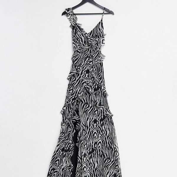 エイソス Asos Asos Asos Design ティアード ラッフル ディテール マキシドレス タイバックとボタンサイド ゼブラ プリント ワンピース レディース 女性 インポートブランド 小さいサイズから大きいサイズまで Nxtdwell Com