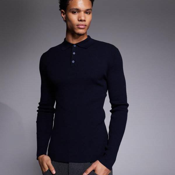 エイソス ASOS asos ASOS DESIGN マッスルフィット ロング捩り ニットリブ ポロ（米国海軍 綿織物雑ぜ合わせる） トップス メンズ 成人男性 インポートブランド 弱められた大きさから馬鹿でかい大きさまで