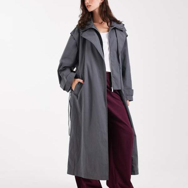エイソス ASOS asos ASOS DESIGN ダブルレイヤー ボンネット付き添い人トレンチコート（薄墨色） アウター レディース 成人女性 インポートブランド 弱められた大きさから馬鹿でかい大きさまで