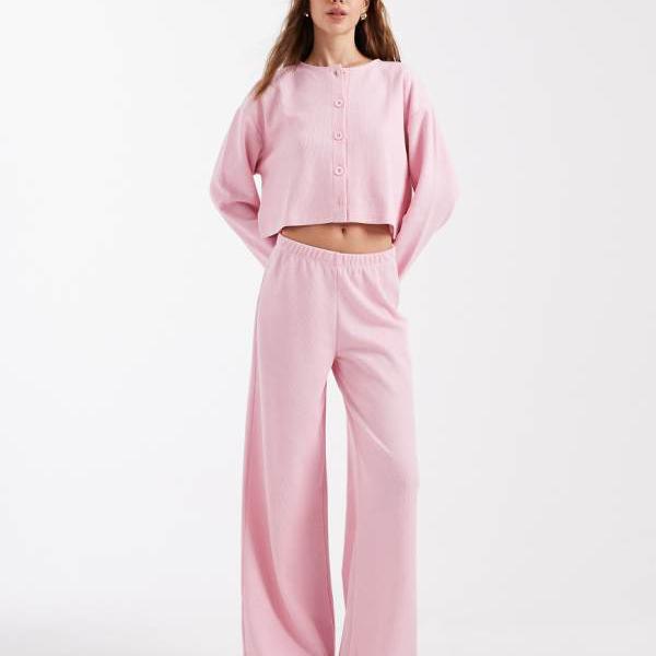 ミスセルフリッジ Miss Selfridge  ミスセルフリッジのソフトリブワイドレッグトラウザーコーデ（サクラ色） ズボン下 下つ方 レディース お上さん インポートブランド 小っちゃい大いさから馬鹿でかい大いさまで