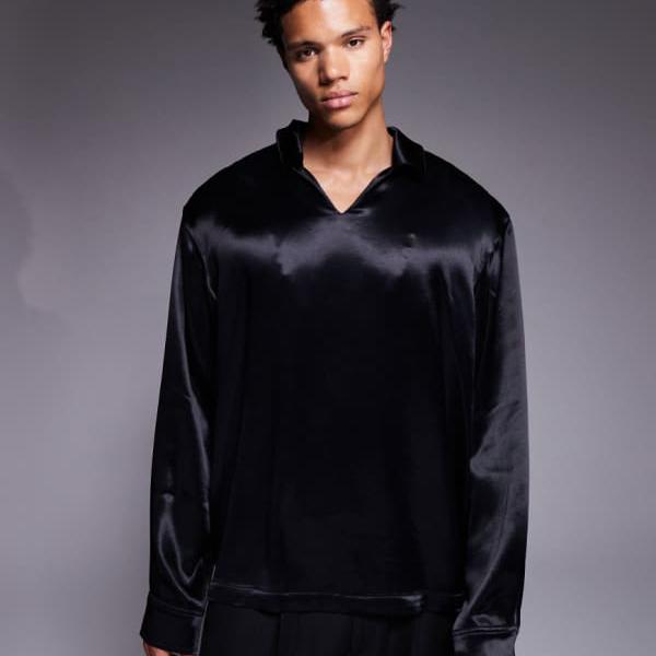エイソス ASOS asos ASOS DESIGNのオーバーサイズサテンオーバーオールシャツ（黒いこと） トップス メンズ 成人男性 インポートブランド 弱められた大いさから途轍も無い大いさまで トップス-カジュアルシャツ