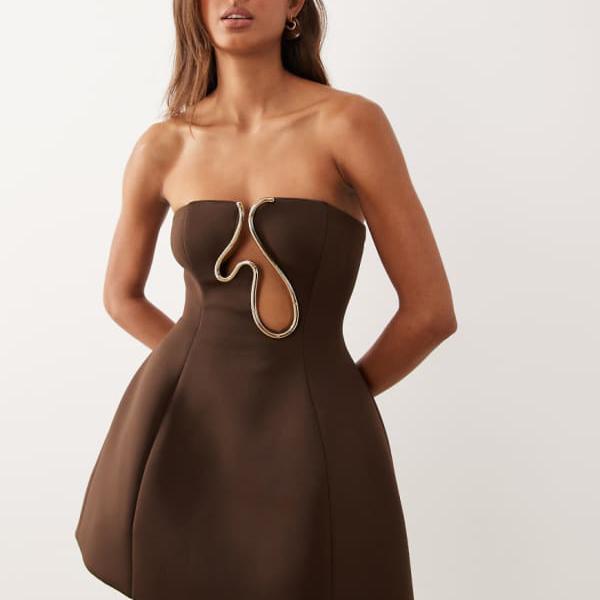 エイソス ASOS asos ASOS DESIGN 割り増し金 バンドゥ ミニ御召しもの ゴールド刈り込み付き添い人 黒茶色合い 衣裳 レディース お上さん インポートブランド 小っちゃい大いさから馬鹿でかい大いさまで