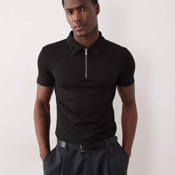 エイソス ASOS asos ASOS DESIGN ヘビーウェイトマッスルポロ(テクスチャードブラック) トップス メンズ 男性 インポートブランド 小さいサイズから大きいサイズまで