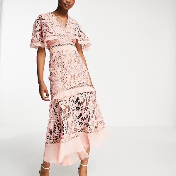 最安値 エイソス Asos 小さいサイズから大きいサイズまで インポートブランド 女性 レディース ワンピース Asosdesignケープスリーブとペプラム裾のレースミディドレス Asos ドレス Slcp Lk