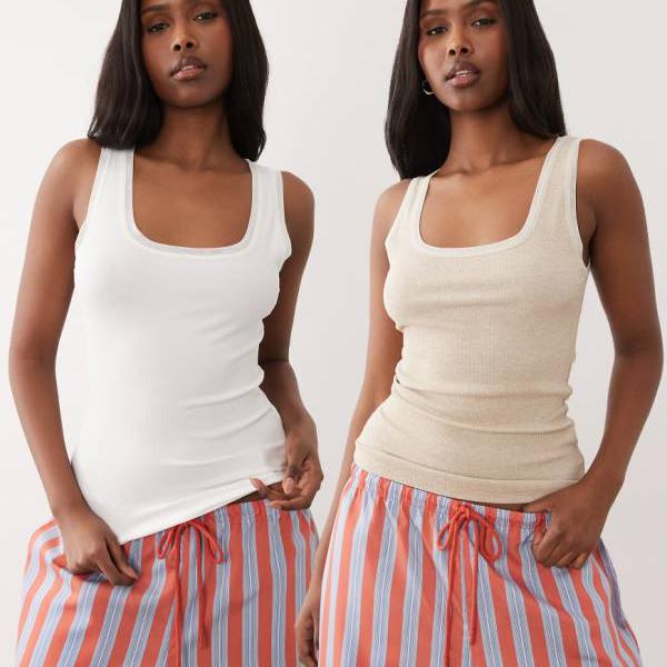 エイソス ASOS asos ASOS DESIGN メッシュ刈り込み付き添い人ベストパジャマトップス 2枚組（白いこと＆オートミール） トップス レディース 成人女性 インポートブランド 弱められた大きさから馬鹿でかい大きさまで